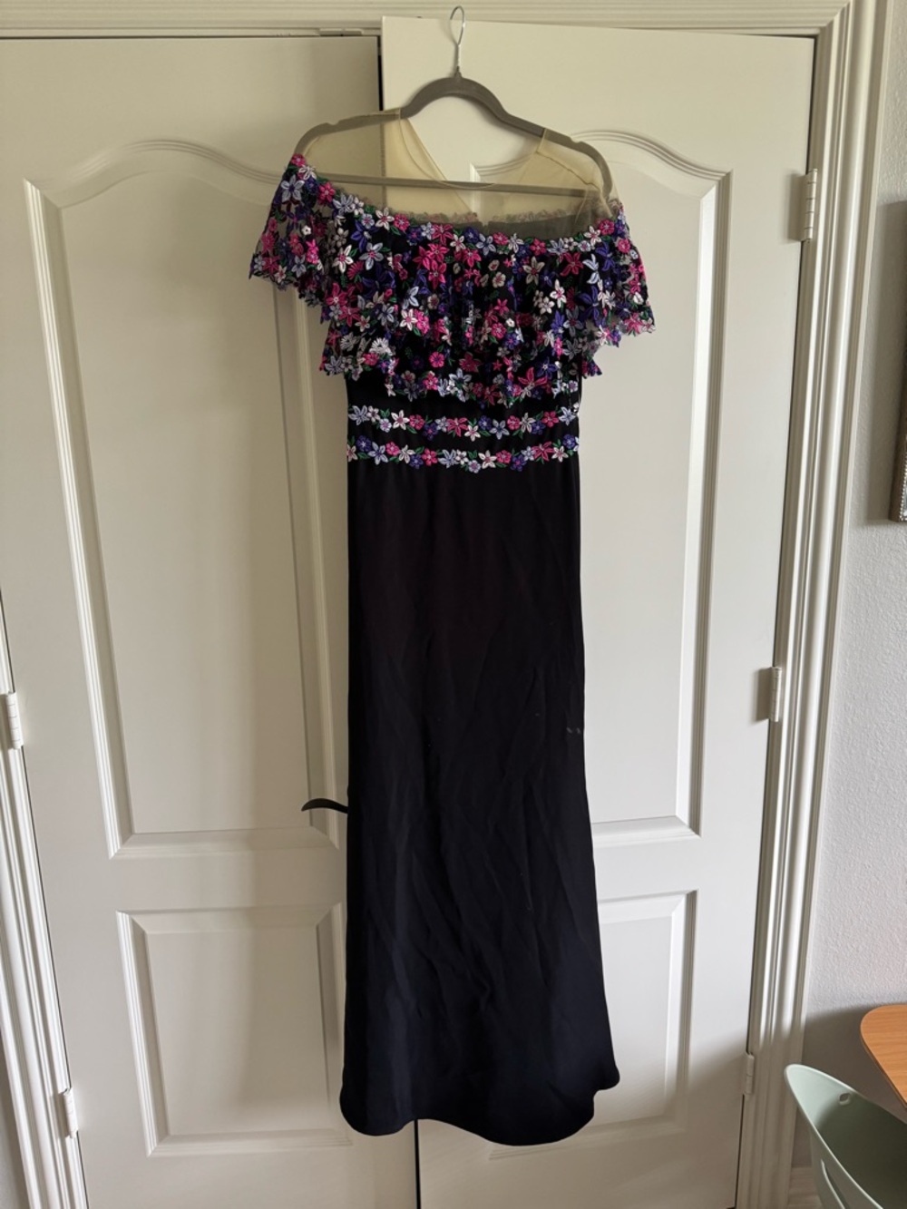 Tadashi Shoji Black Dress with Pink, Purple, Green and Gold Floral Embroidery